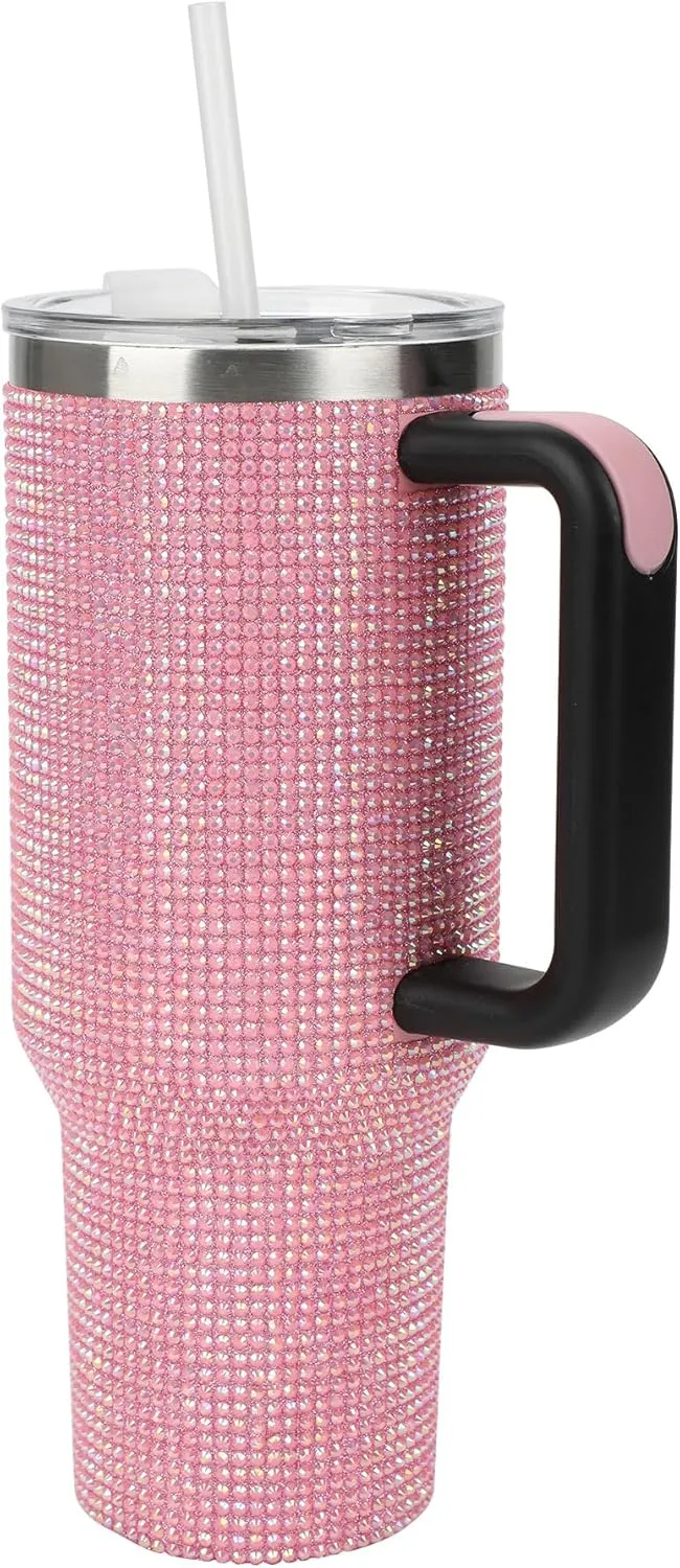 Insulated Stainless Steel Tumbler w/ Reusable Straw & Leak-Proof Lid Easy Carry Handle 40oz (Pink Rhinestones)