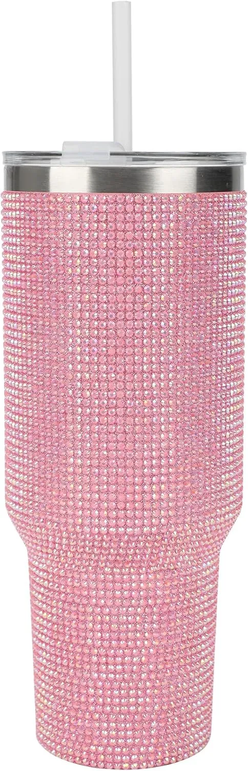 Insulated Stainless Steel Tumbler w/ Reusable Straw & Leak-Proof Lid Easy Carry Handle 40oz (Pink Rhinestones)