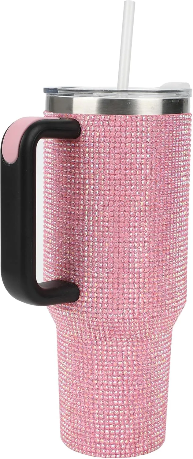 Insulated Stainless Steel Tumbler w/ Reusable Straw & Leak-Proof Lid Easy Carry Handle 40oz (Pink Rhinestones)