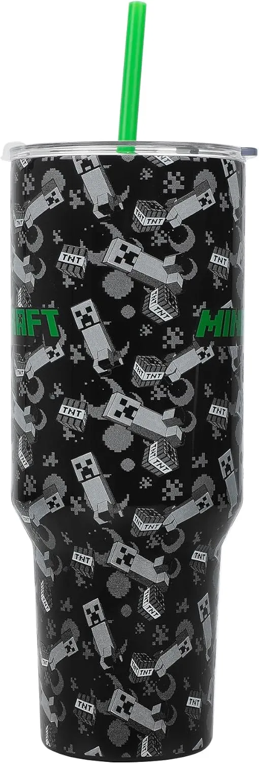 Insulated Stainless Steel Tumbler w/ Reusable Straw & Leak-Proof Lid Easy Carry Handle 40oz (Minecraft)