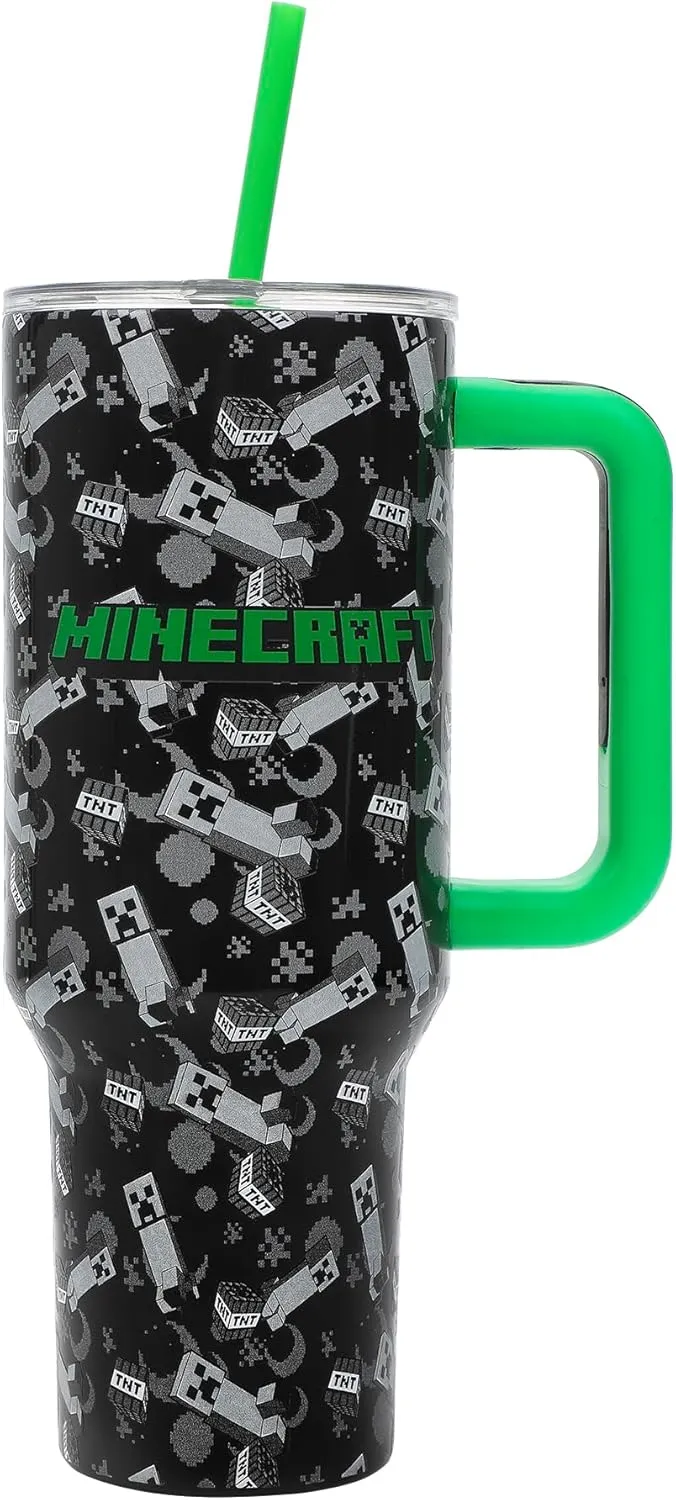 Insulated Stainless Steel Tumbler w/ Reusable Straw & Leak-Proof Lid Easy Carry Handle 40oz (Minecraft)