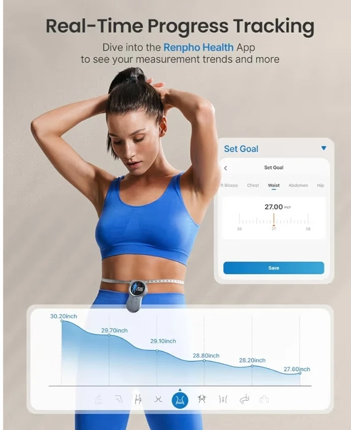 Body Measuring Bluetooth Smart Tape Measure w/ Lock Hook & Retractable Function, Accurate Body Fat Measurement Device - 60in /150cm