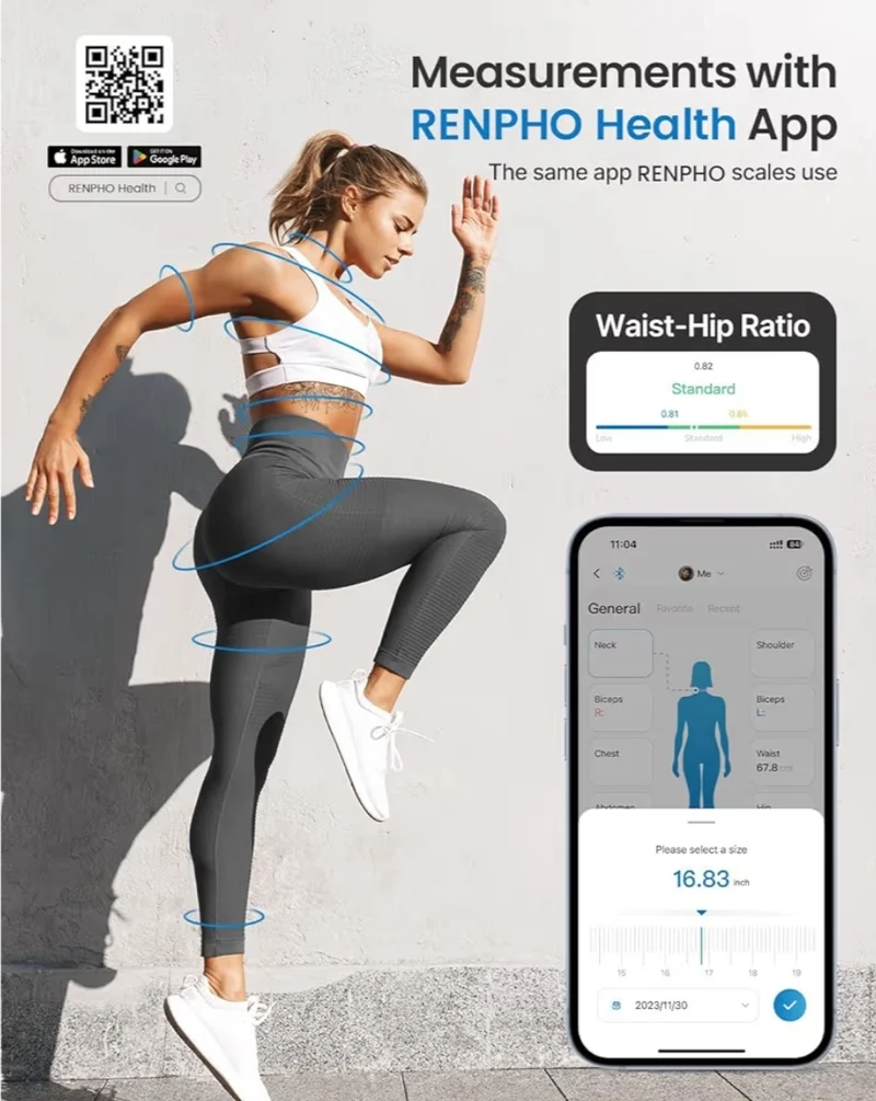 Body Measuring Bluetooth Smart Tape Measure w/ Lock Hook & Retractable Function, Accurate Body Fat Measurement Device - 60in /150cm