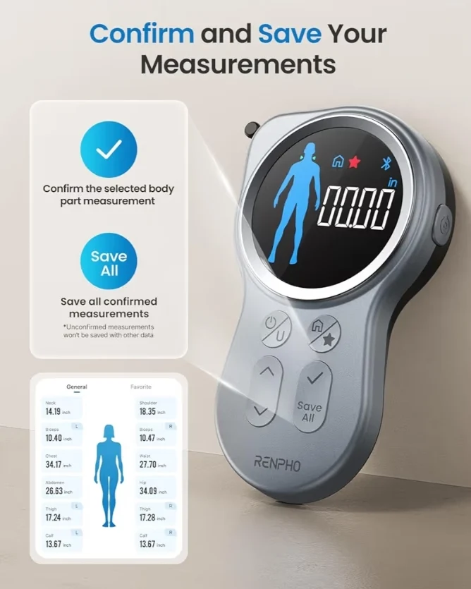 Smart Tape Measure w/ Large Display, Bluetooth Body Measuring Tape with App for Weight Loss, Fitness Shape, Measure Circumference Length