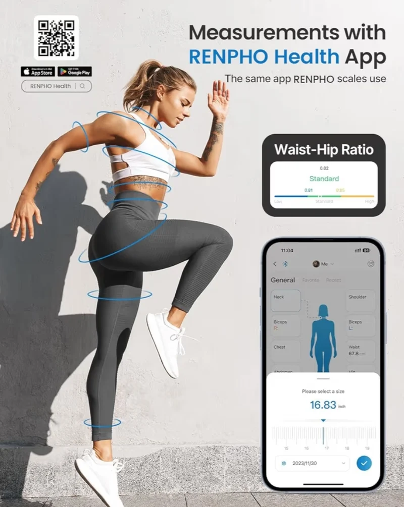 Smart Tape Measure for Weight Loss, Bluetooth Fitness Equipment with App - Retractable, 60in /150cm (White)