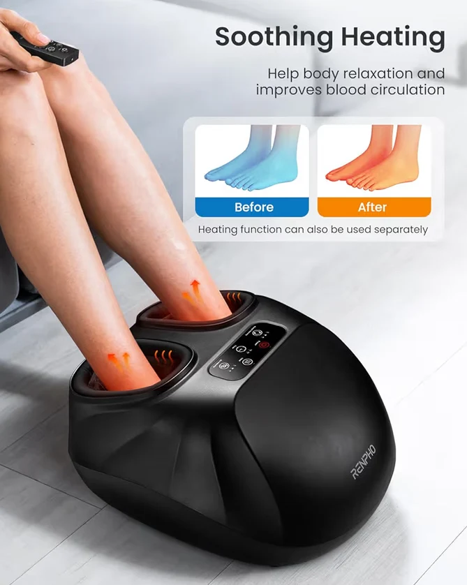 Foot Massager Machine w/ Heat Shiatsu Foot Massager Cordless Control Up to Size 14 - Black