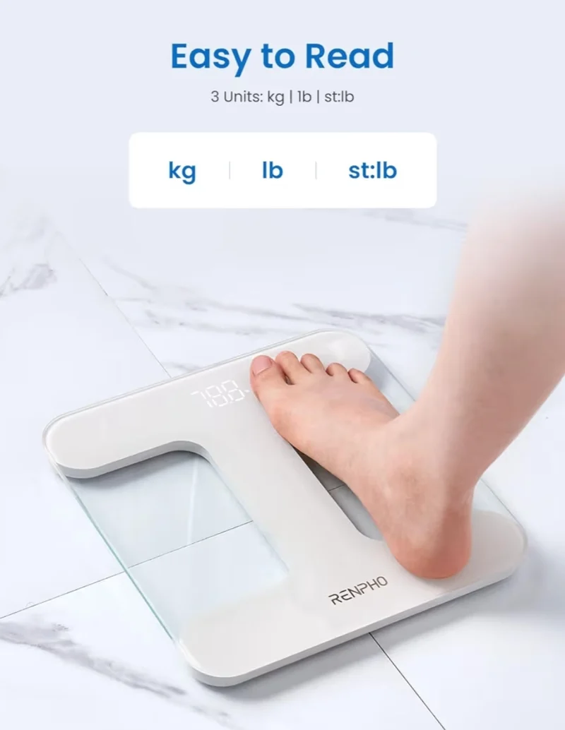 Digital Scale for Body Weight, Highly Accurate Weighing Machine w/ Transparent Tempered Glass, Clear LED Display - 400 lb (White)