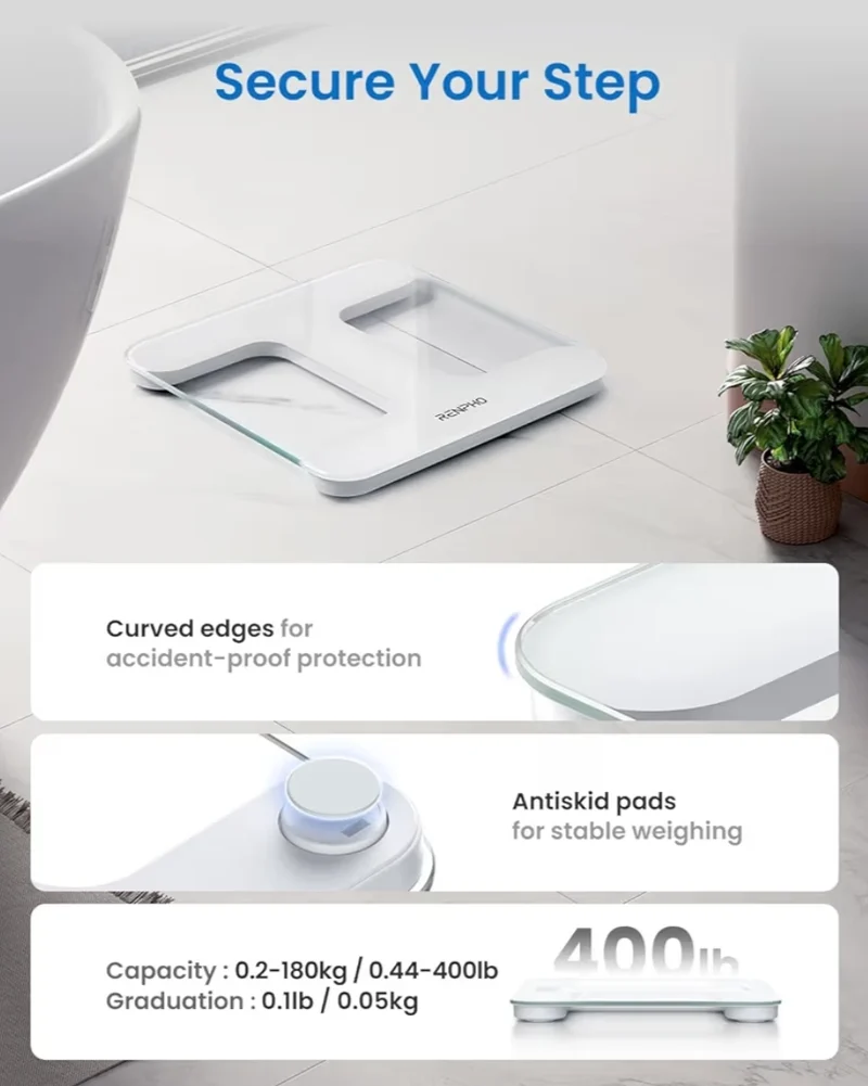 Digital Scale for Body Weight, Highly Accurate Weighing Machine w/ Transparent Tempered Glass, Clear LED Display - 400 lb (White)