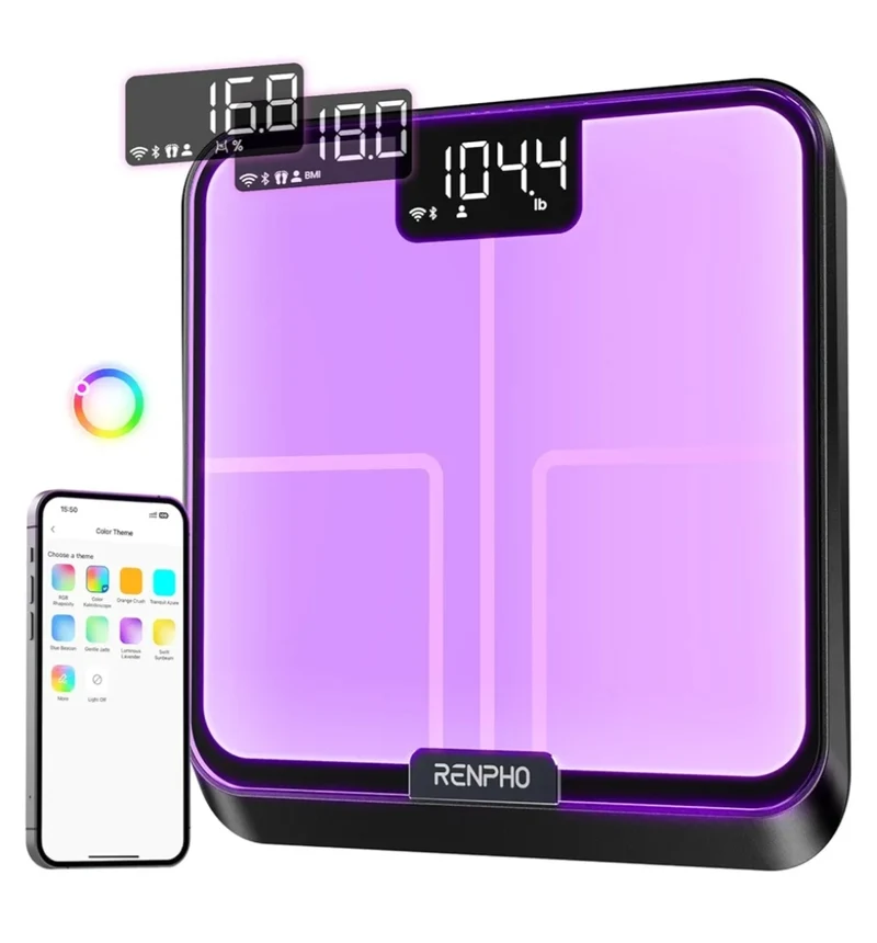 Smart Scale for Body Weight, BMI, Body Fat, Muscle Mass, BT Wi-Fi Rechargeable Scale, RGB Lighting Color Changing Scale, Sync with Fitness App