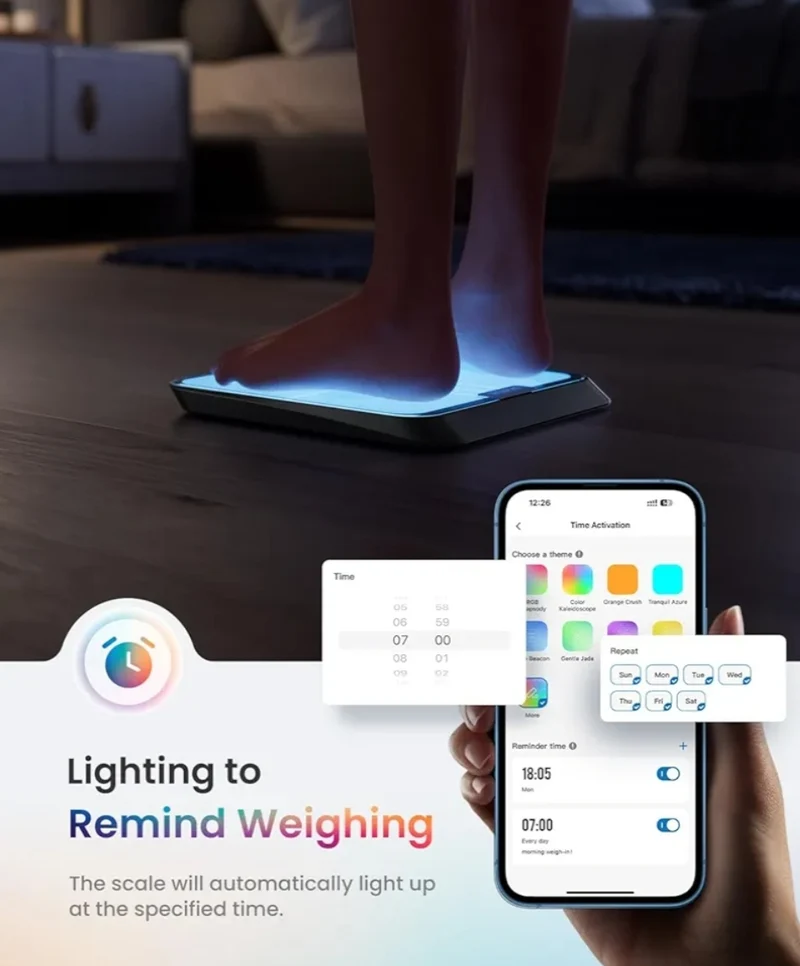 Smart Scale for Body Weight, BMI, Body Fat, Muscle Mass, BT Wi-Fi Rechargeable Scale, RGB Lighting Color Changing Scale, Sync with Fitness App