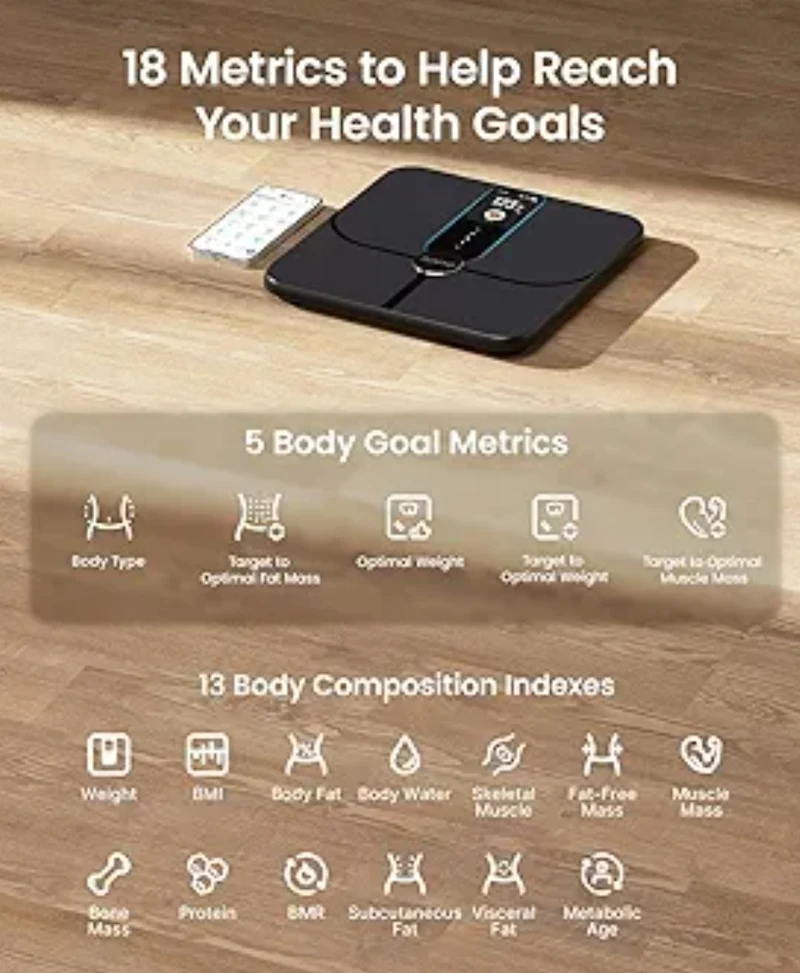 Smart Scale with Color Display, Wi-Fi & Bluetooth Fitness Equipment for BMI Muscle Mass Composition - Rechargeable