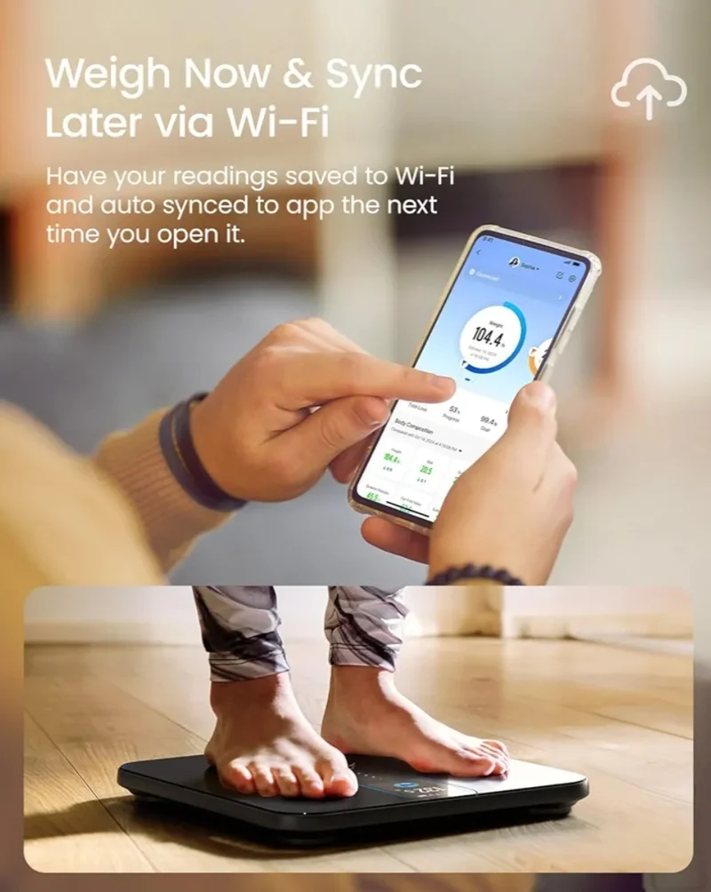 Smart Scale with Color Display, Wi-Fi & Bluetooth Fitness Equipment for BMI Muscle Mass Composition - Rechargeable