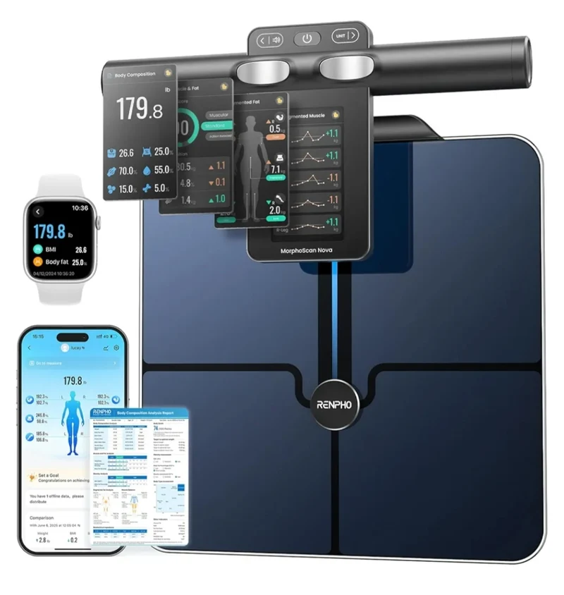Smart Scale 8-Electrode Body Composition with BMI, Body Fat, Muscle Mass, Rechargeable Body Fat Scale with Full-Color TFT LCD on Handle
