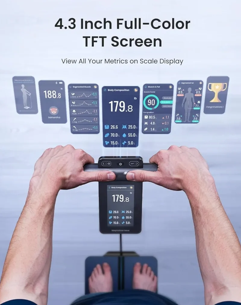 Smart Scale 8-Electrode Body Composition with BMI, Body Fat, Muscle Mass, Rechargeable Body Fat Scale with Full-Color TFT LCD on Handle