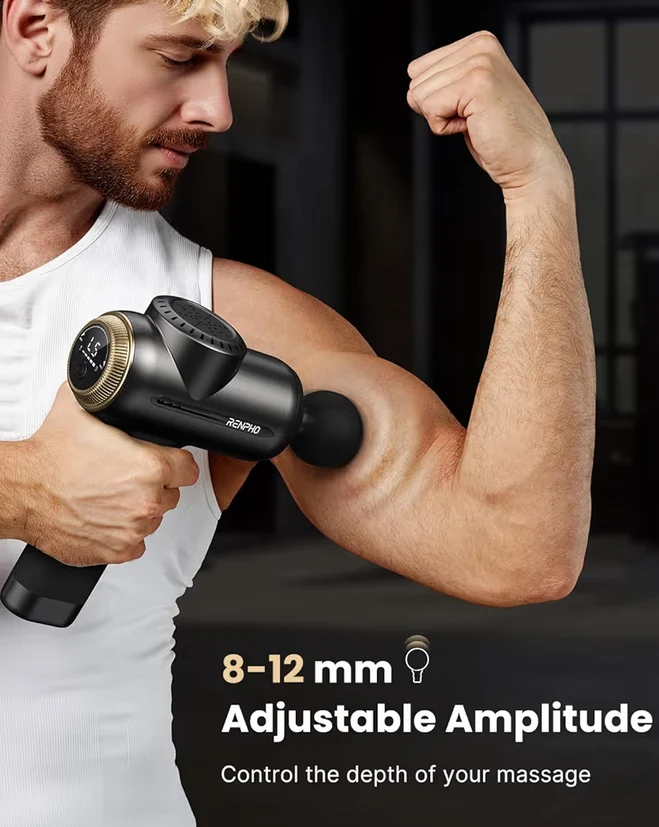 Massage Gun, Deep Tissue Back Massage w/ 8-12mm Adjustable Amplitude Heavy-Duty Percussion Professional Muscle Massager Gun