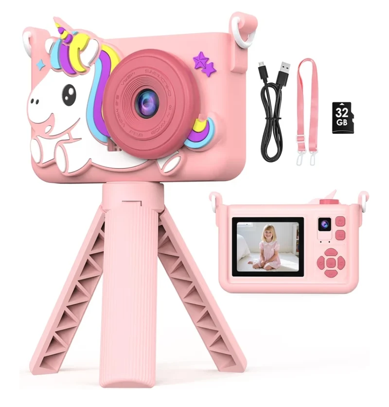 Kids Camera w/ Tripod & 32GB Card, 1080P HD Camera, Portable Toy - Pink