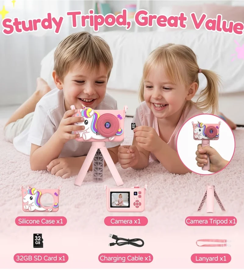 Kids Camera w/ Tripod & 32GB Card, 1080P HD Camera, Portable Toy - Pink