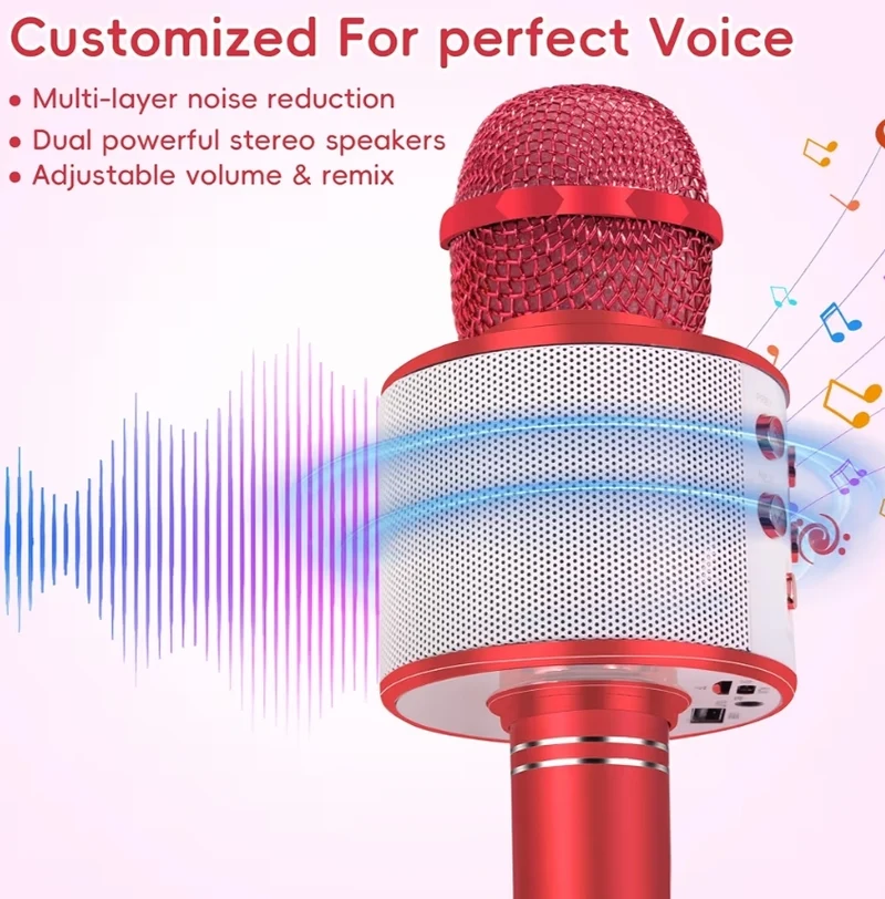 Wireless BT 5-in-1 Portable Handheld Karaoke Mic Speaker Player Recorder w/ Adjustable Remix FM Radio for Kids - Red