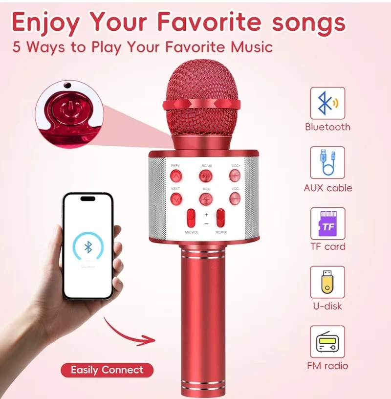 Wireless BT 5-in-1 Portable Handheld Karaoke Mic Speaker Player Recorder w/ Adjustable Remix FM Radio for Kids - Red