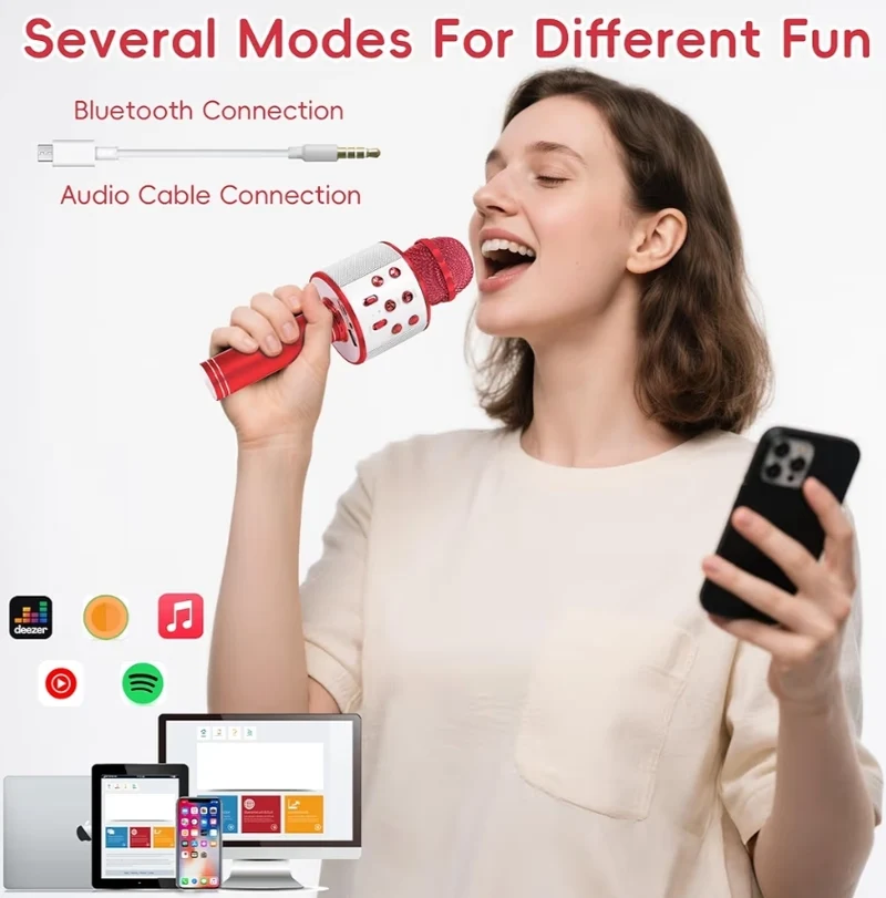 Wireless BT 5-in-1 Portable Handheld Karaoke Mic Speaker Player Recorder w/ Adjustable Remix FM Radio for Kids - Red