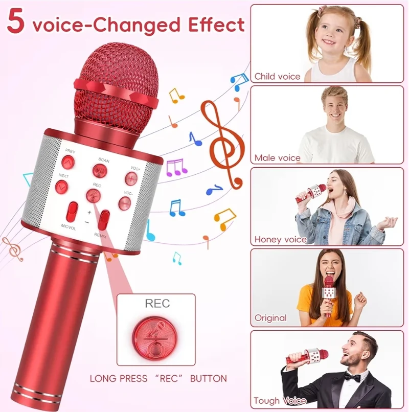 Wireless BT 5-in-1 Portable Handheld Karaoke Mic Speaker Player Recorder w/ Adjustable Remix FM Radio for Kids - Red
