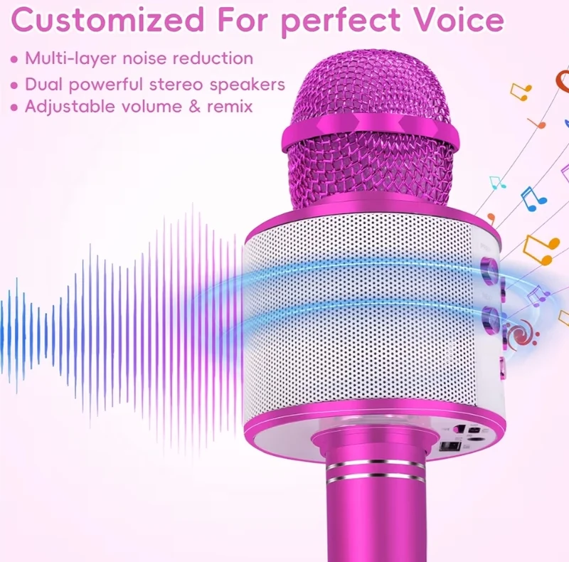 Wireless BT 5-in-1 Portable Handheld Karaoke Mic Speaker Player Recorder w/ Adjustable Remix FM Radio for Kids - Hot Pink