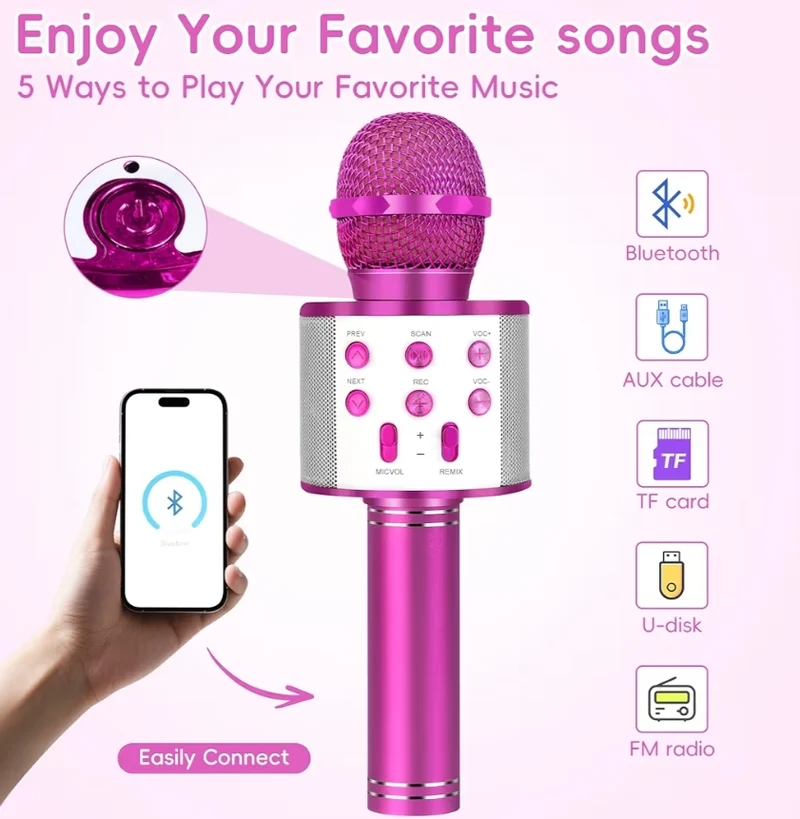 Wireless BT 5-in-1 Portable Handheld Karaoke Mic Speaker Player Recorder w/ Adjustable Remix FM Radio for Kids - Hot Pink