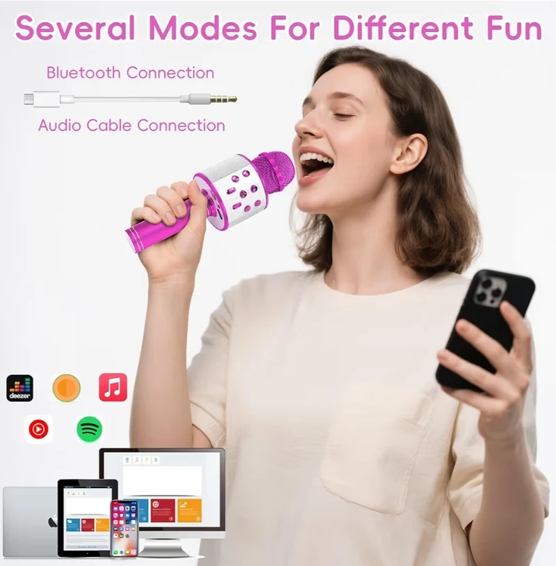 Wireless BT 5-in-1 Portable Handheld Karaoke Mic Speaker Player Recorder w/ Adjustable Remix FM Radio for Kids - Hot Pink