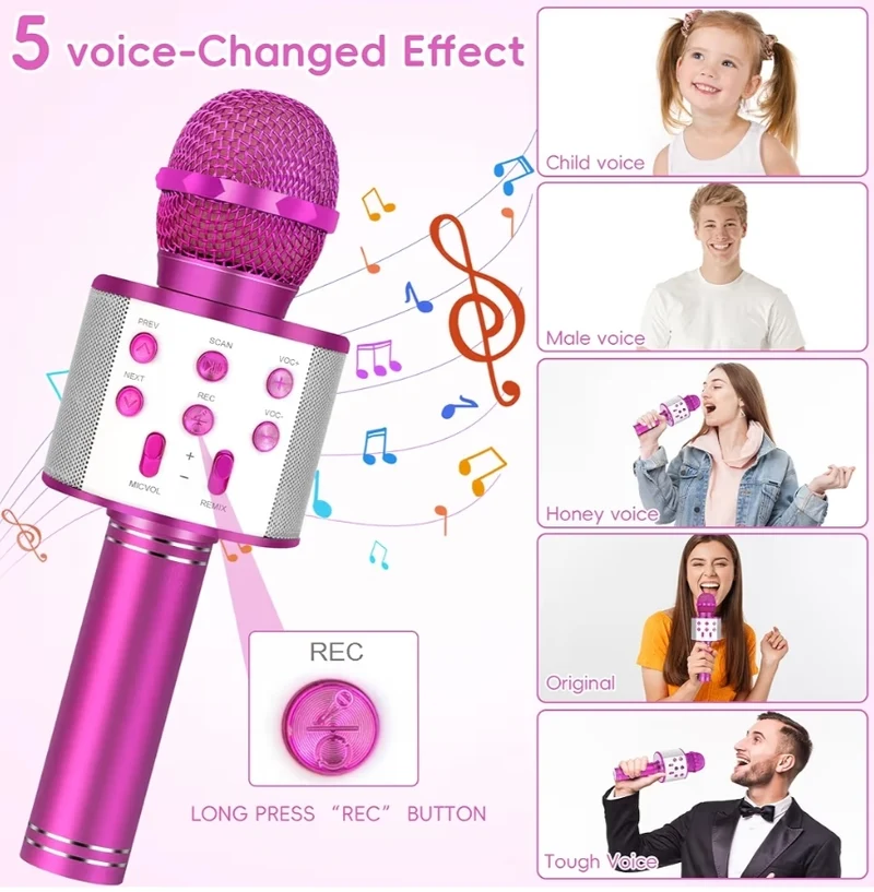 Wireless BT 5-in-1 Portable Handheld Karaoke Mic Speaker Player Recorder w/ Adjustable Remix FM Radio for Kids - Hot Pink