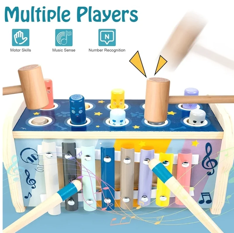 Pounding Bench Educational Toy Wooden Hammering & Activity Board w/ Xylophone, Number Maze
