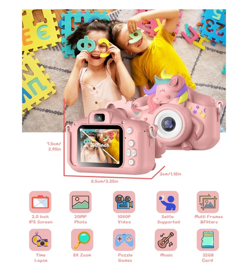 Kids Selfie Camera 20 MP HD 1080P IPS Screen Dual Digital Toy w/ 32Gb Card - (Pink)