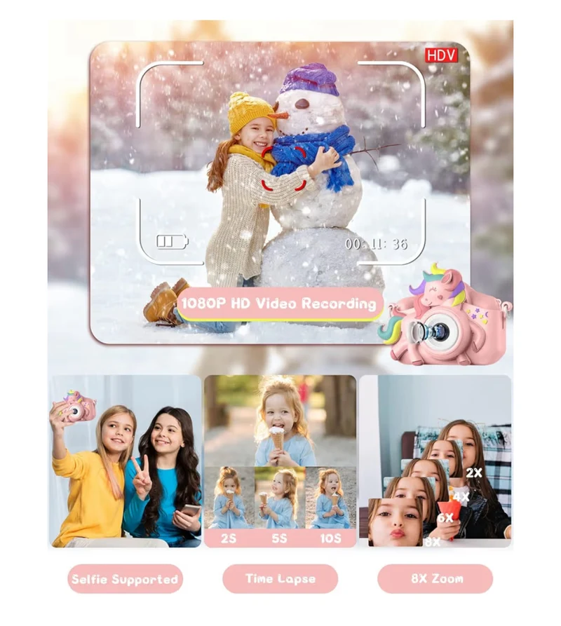 Kids Selfie Camera 20 MP HD 1080P IPS Screen Dual Digital Toy w/ 32Gb Card - (Pink)
