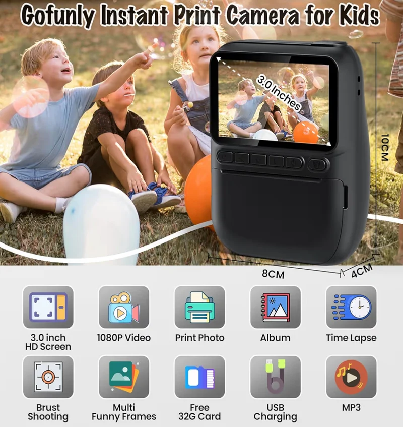 Instant Print Camera 3.0" HD 32MP Kids 1080P w/ 3 Rolls of Printer Paper 32GB SD Card (Black)