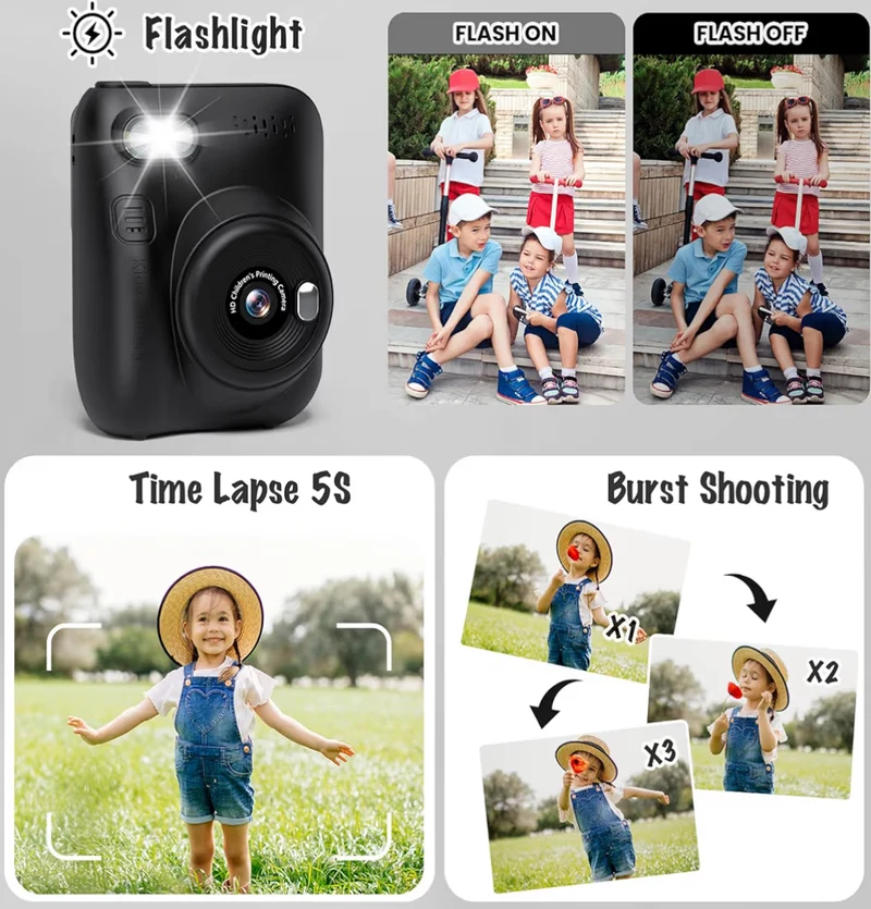 Instant Print Camera 3.0" HD 32MP Kids 1080P w/ 3 Rolls of Printer Paper 32GB SD Card (Black)