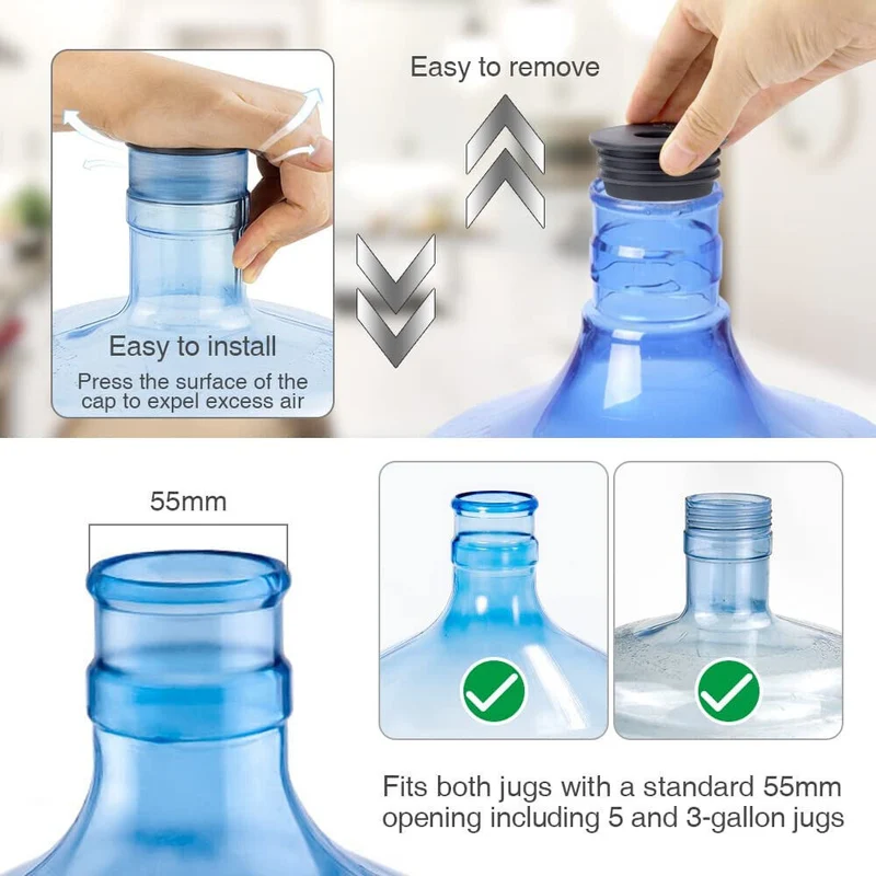 5 Gallon Water Jug Cap 55mm Water Bottle Caps Silicone Reusable Bottles Lids 6PK