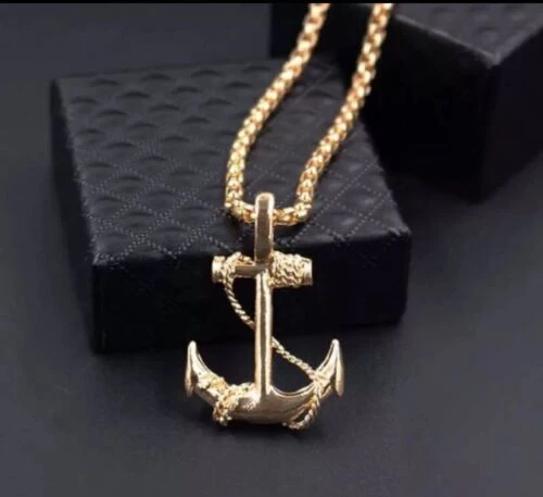 NEW - STAINLESS STEEL FASHION SEA ANCHOR NECKLACE FOR MEN & WOMEN GOLD PLATED