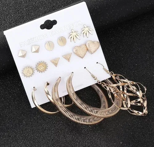 NEW 9 SETS FASHION JEWELRY STUD EARRINGS For WOMAN - GOLD PLATED