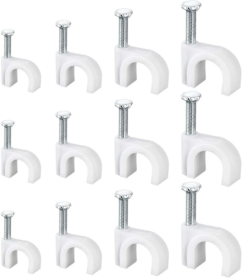 Round White Cable Clips with Steel Nails 6mm/ 0.236inch/ 100PCS For CAT6, CAT7.