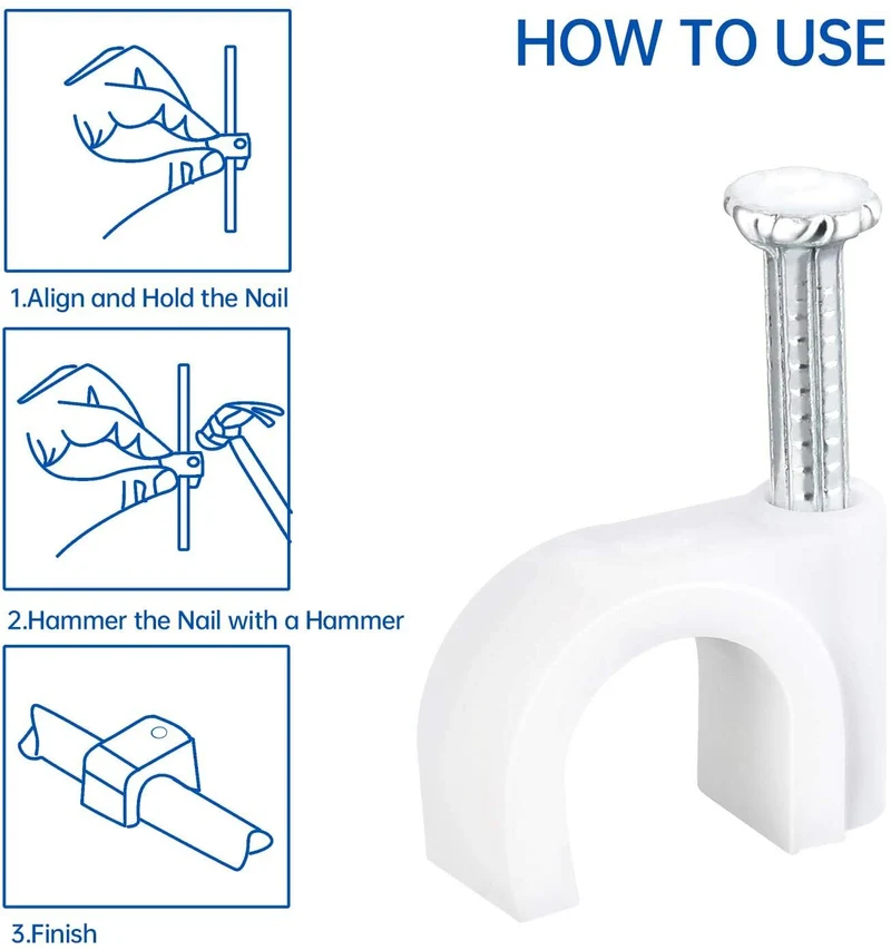 Round White Cable Clips with Steel Nails 6mm/ 0.236inch/ 100PCS For CAT6, CAT7.