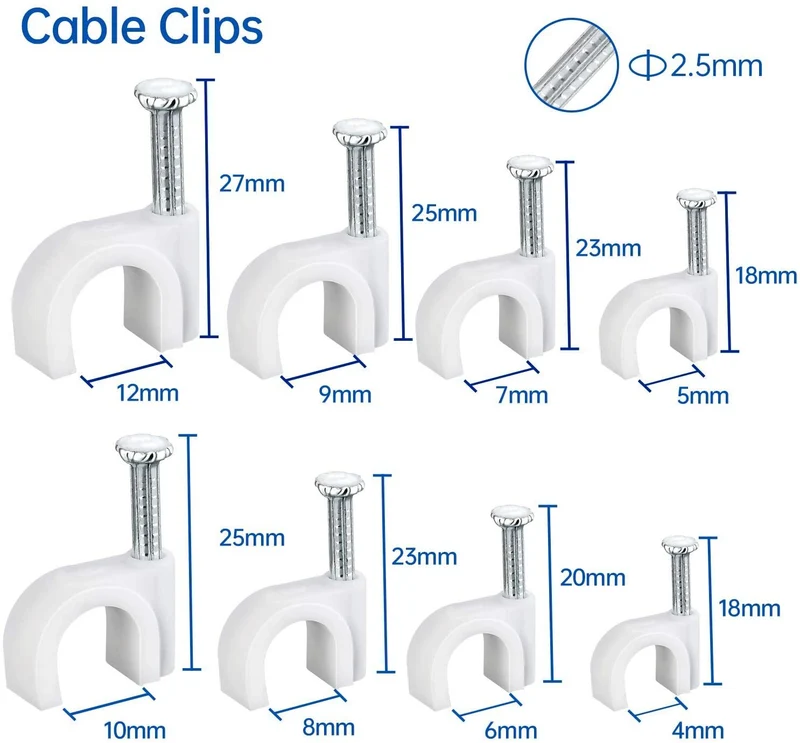 Round White Cable Clips with Steel Nails 6mm/ 0.236inch/ 100PCS For CAT6, CAT7.