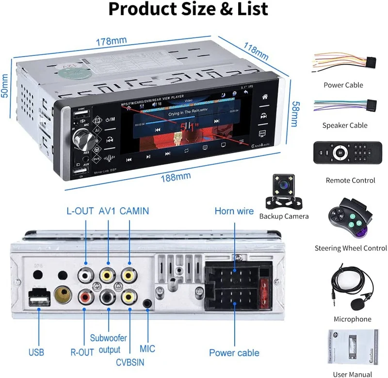 Car Radio Single Din with Apple Carplay Android Auto, 5.1 Inch IPS Touch Screen