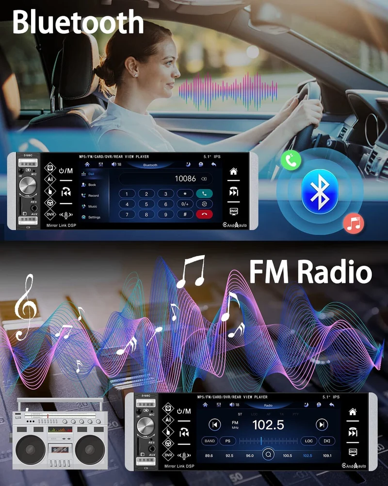 Car Radio Single Din with Apple Carplay Android Auto, 5.1 Inch IPS Touch Screen