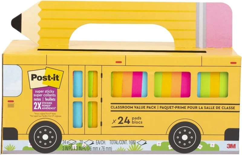 Post-it Super Sticky Notes Value Pack - 24 Pads, Convenient School Bus Carry and Storage Case, 2X The Sticking Power, 3x3", Bright Colors (Orange, Pink, Blue, Green, Yellow)