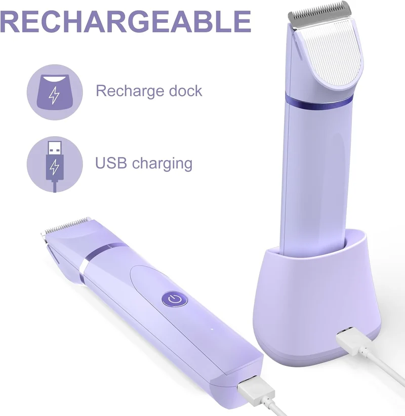 OLOV Electric Body Hair Trimmer - Groin Trimmer for Men - Bikini Trimmer Women - Wet/Dry Shaver Groomer, Replaceable Ceramic Blade Heads, USB Recharge Dock, Waterproof Hygiene Razor,Purple