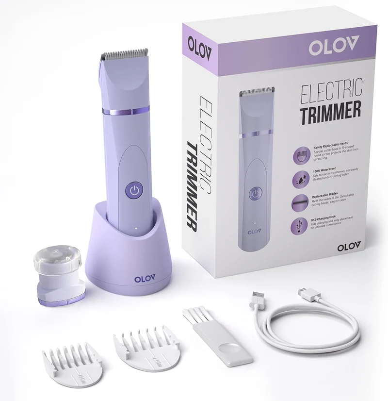 OLOV Electric Body Hair Trimmer - Groin Trimmer for Men - Bikini Trimmer Women - Wet/Dry Shaver Groomer, Replaceable Ceramic Blade Heads, USB Recharge Dock, Waterproof Hygiene Razor,Purple