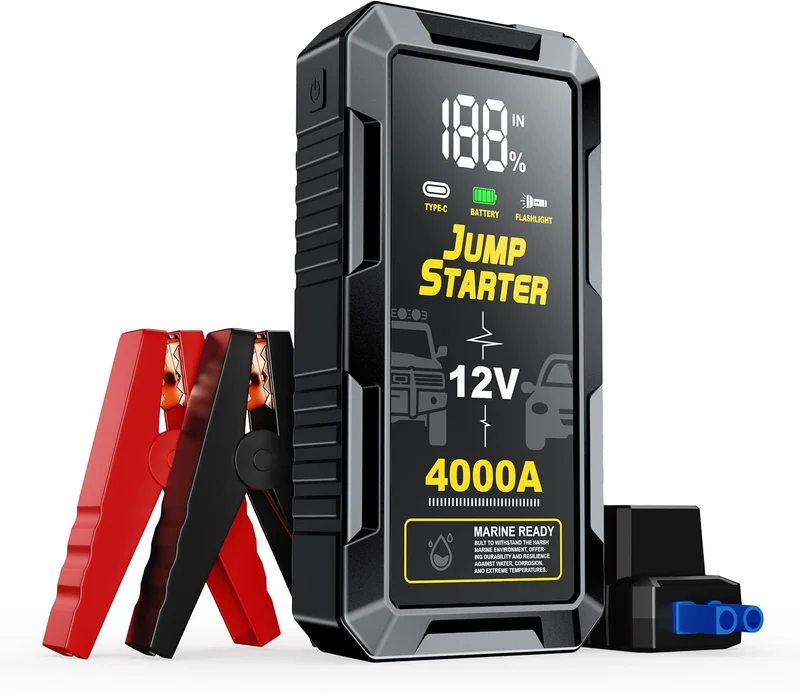 Car Battery Jump Starter with 4000A Peak Smart Clip LCD Display and 3 Modes Flashlight for Up to All Gas and 10.0L Diesel Engine 12V Auto Battery Booster Jumper Cables Portable Lithium Jump Box