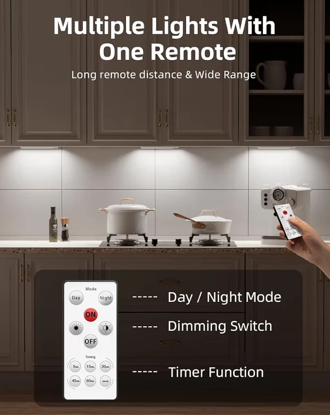 LED Under Lights Wireless USB Charging, Motion Sensor Lighting Indoor 5700K Dimmable w/ Remote Control (White) 5 PK