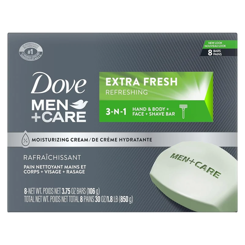 DOVE MEN + CARE 3 in 1 Bar Cleanser for Body, Face, and Shaving Extra Fresh Body and Facial Cleanser Bar Soap to Clean and Hydrate Skin 3.75oz (Pack of 8)