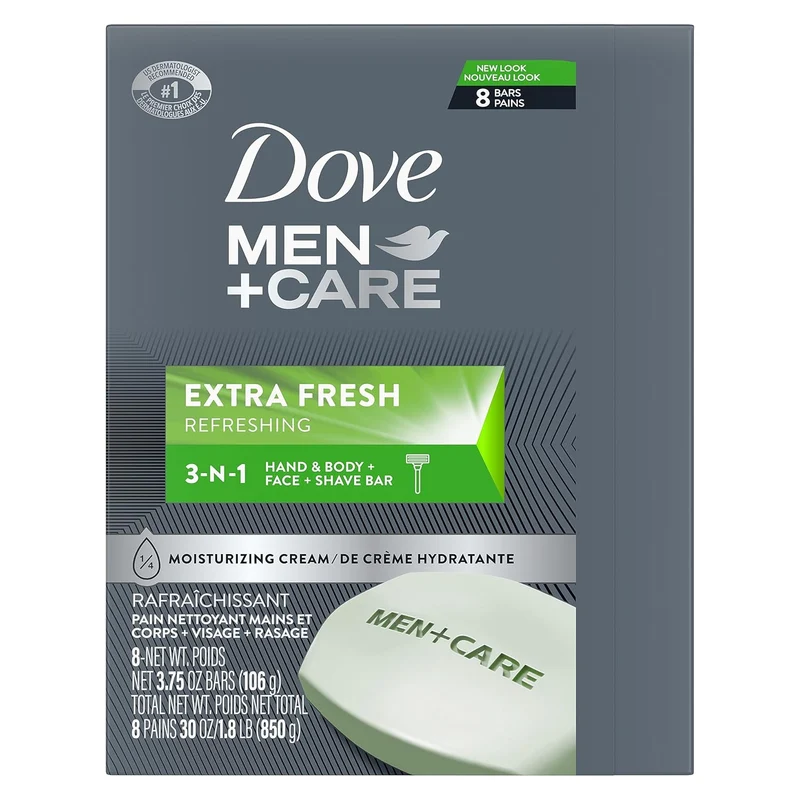 DOVE MEN + CARE 3 in 1 Bar Cleanser for Body, Face, and Shaving Extra Fresh Body and Facial Cleanser Bar Soap to Clean and Hydrate Skin 3.75oz (Pack of 8)