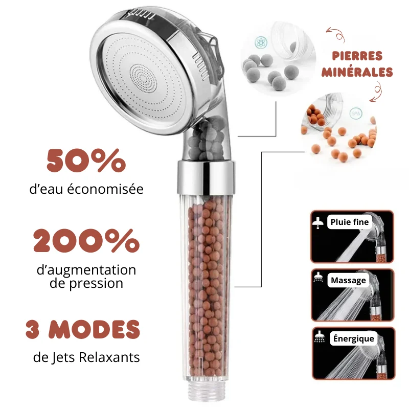 Pommeau de Douche Écologique Haute Pression 3 Jets Relaxants - Recharge Billes OFFERTE